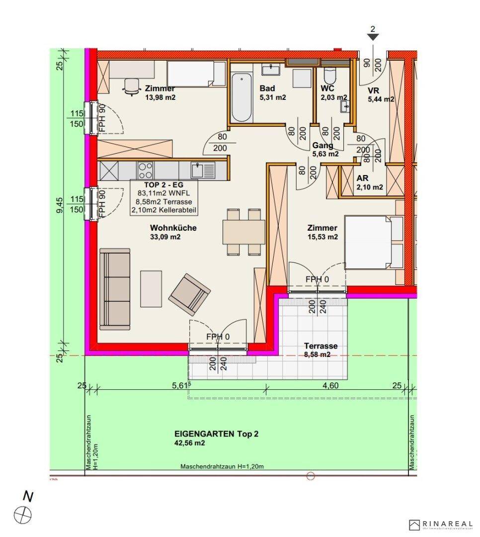Grundriss einer Erdgeschosswohnung mit Wohnküche, zwei Zimmern, Bad, WC und Terrasse mit Garten.