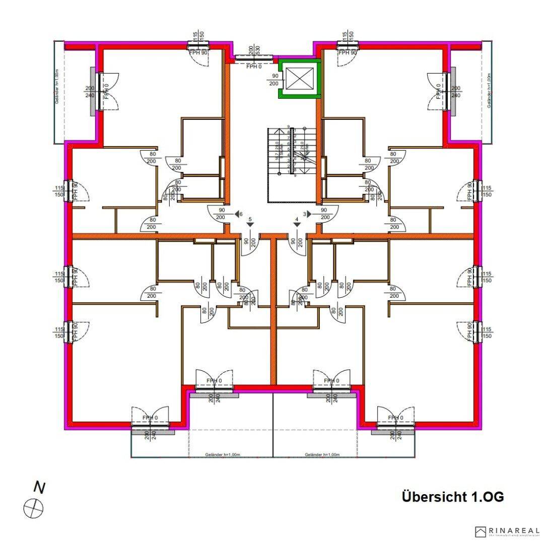 Übersicht des ersten Obergeschosses mit mehreren Wohneinheiten und zentralem Treppenhaus.