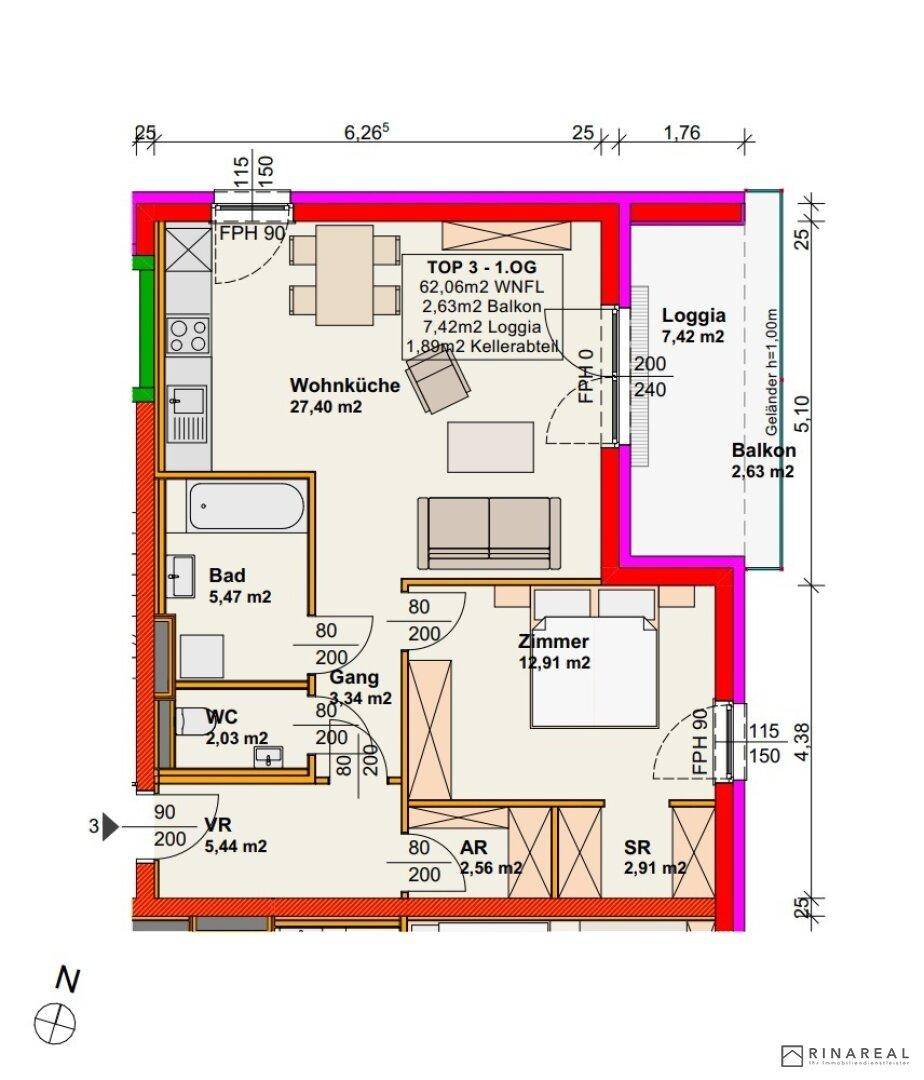 Grundriss einer Wohnung mit offener Wohnküche, Schlafzimmer, Bad, WC, Loggia und Balkon.