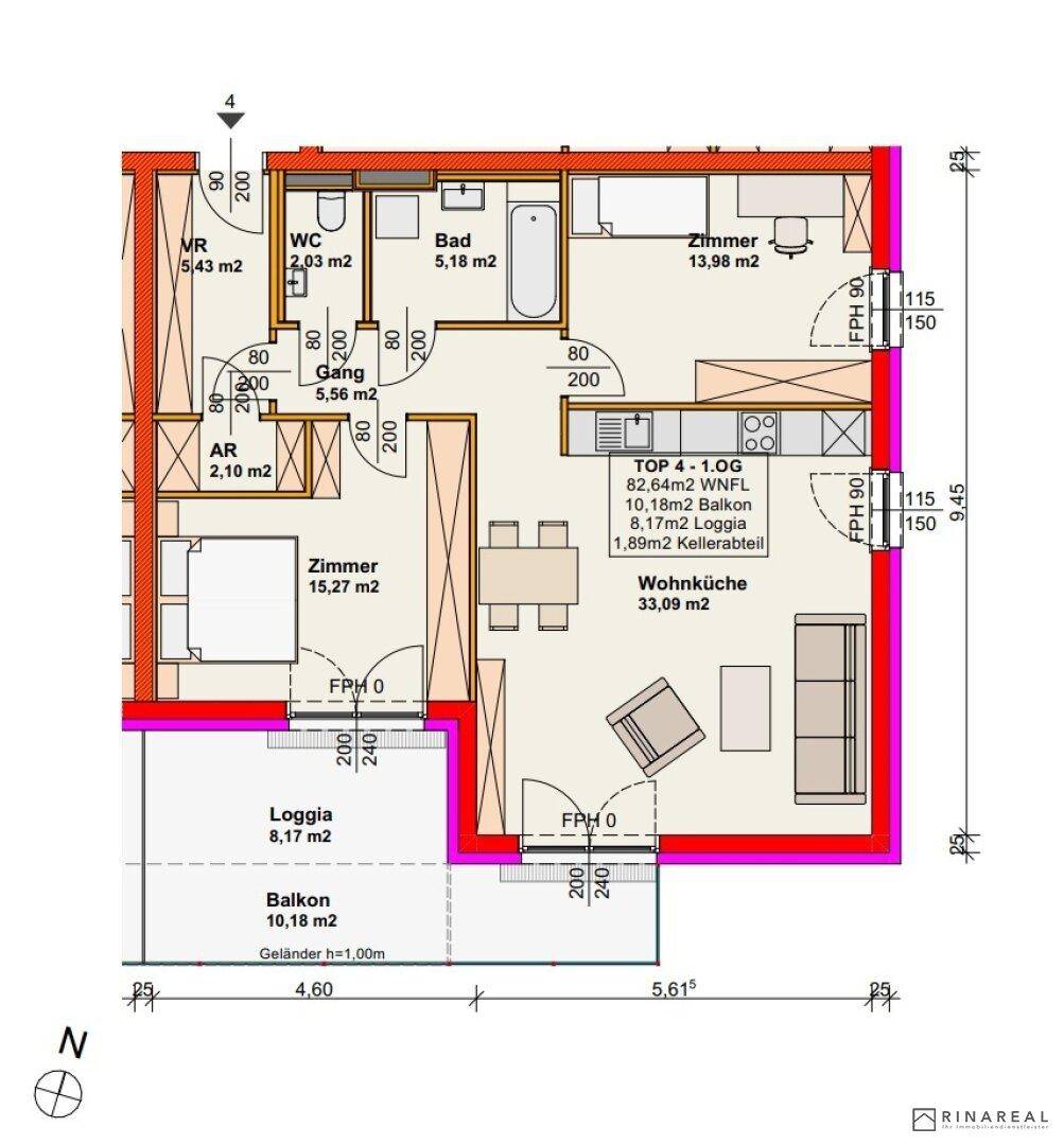 Detaillierter Grundriss einer Wohnung mit Wohnküche, zwei Zimmern, Bad und Loggia.