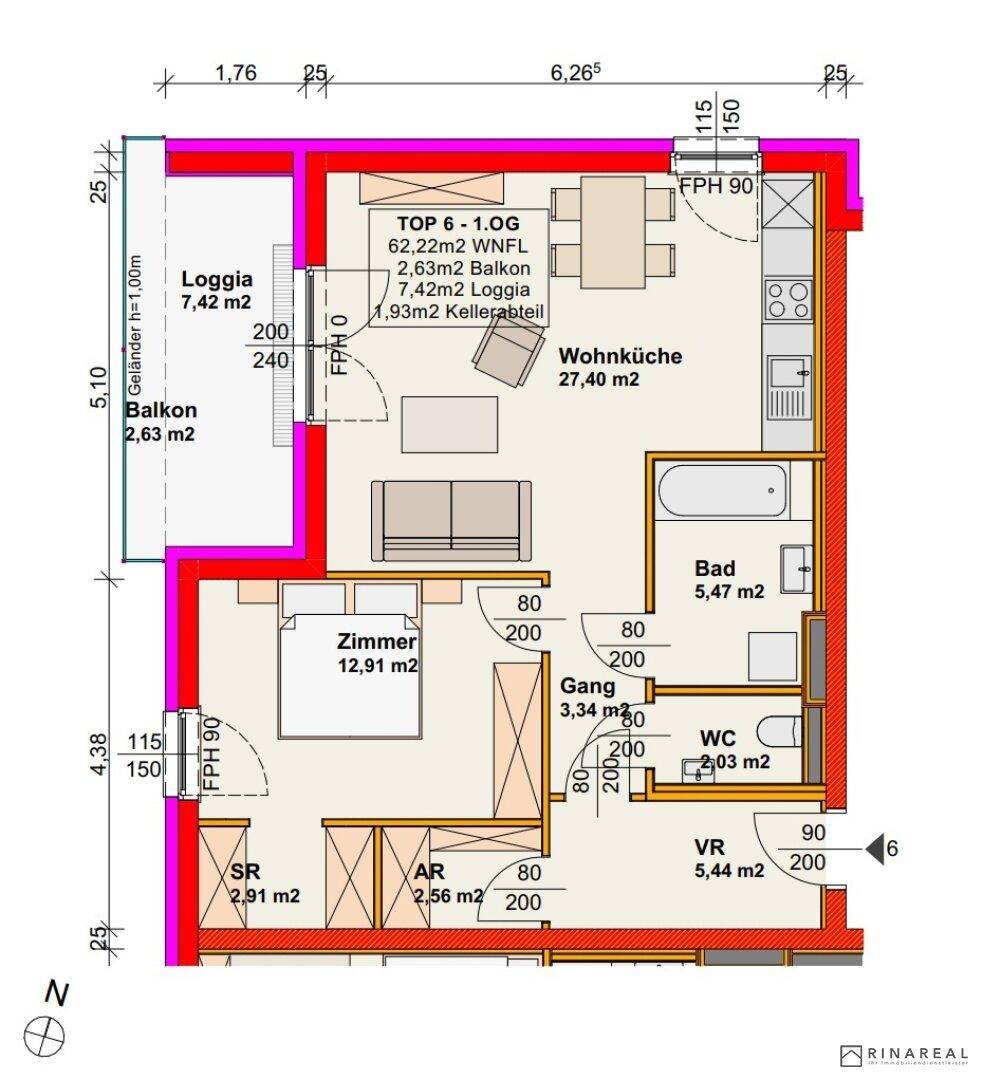 Detaillierter Grundriss einer Wohnung mit Wohnküche, Schlafzimmer, Bad und Balkon.