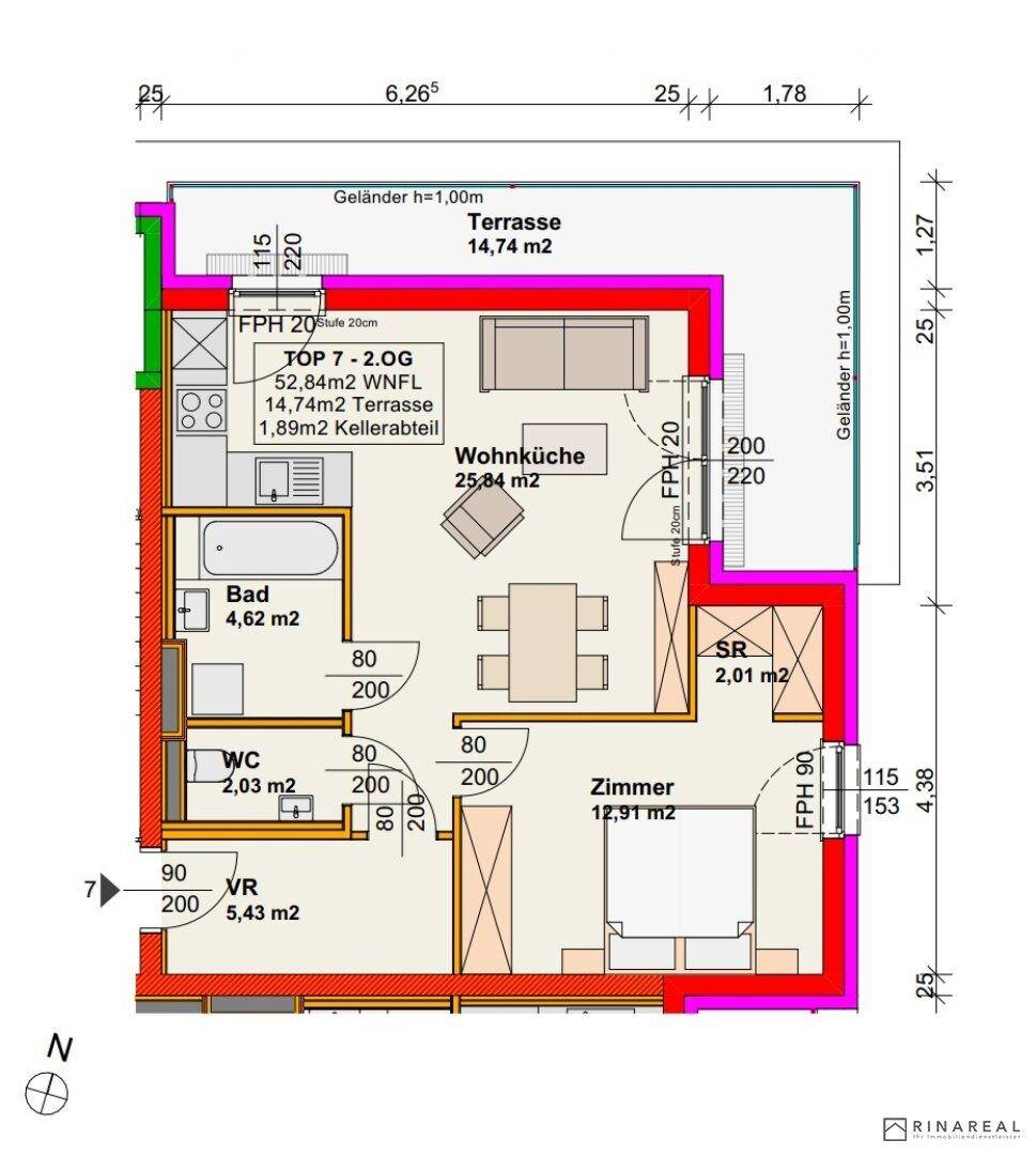 Detaillierter Grundriss einer Wohnung mit offener Wohnküche, Bad, WC und großer Terrasse.