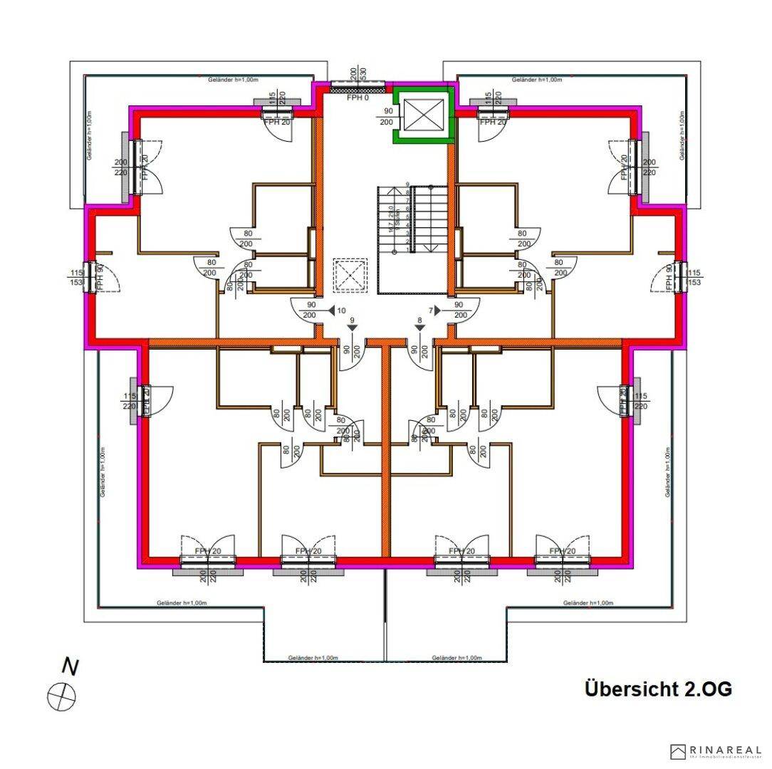 Übersichtsgrundriss des zweiten Obergeschosses mit mehreren Wohneinheiten, Balkonen und Treppenhaus.