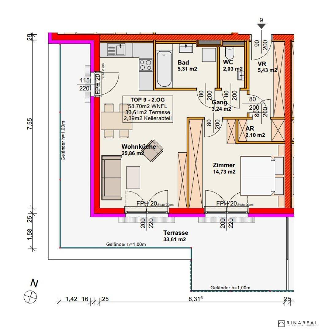 Grundriss der Wohnung TOP 9 im zweiten Obergeschoss mit Wohnküche, Bad, WC und großer Terrasse.
