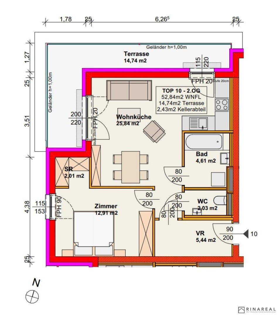 Detaillierter Grundriss einer Wohnung mit offener Wohnküche, Schlafzimmer, Bad und Terrasse.