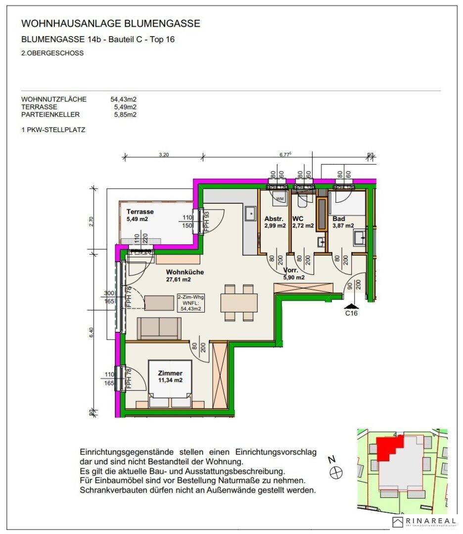 Grundriss einer Wohnung mit Wohnküche, einem Zimmer, Bad und Terrasse, insgesamt 54,43m² Wohnnutzfläche.