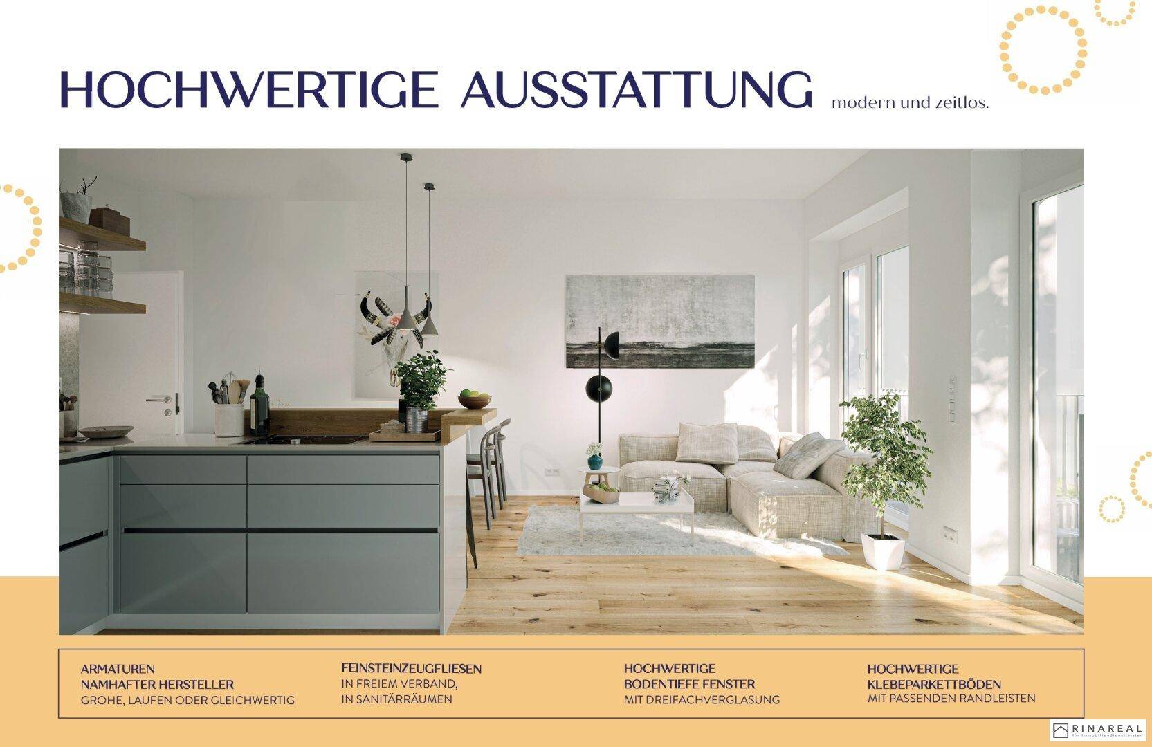 Heller, offener Wohnbereich mit moderner Küche, Holzboden und großen Fenstern.