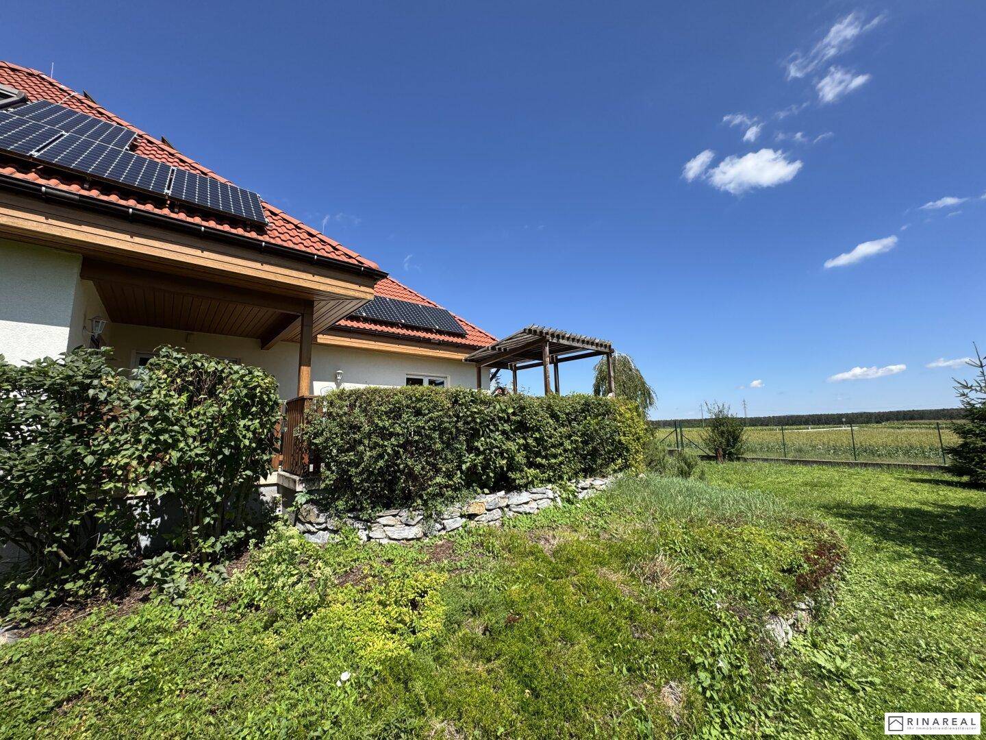 Gepflegter Gartenbereich mit Hecken und Blick auf das Haus mit Solaranlage auf dem Dach.