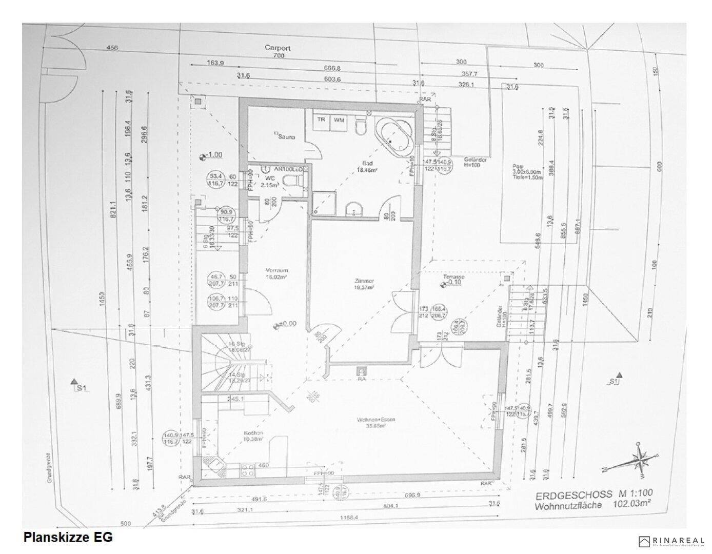 Grundriss des Erdgeschosses mit offenem Wohn-Essbereich, Küche, Bad, Carport und Terrasse.