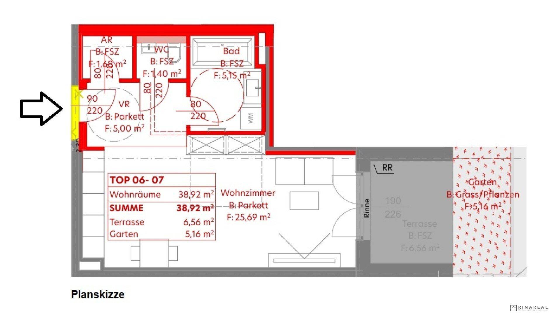 Grundriss einer Wohnung mit Wohnzimmer, Bad, separatem WC, Terrasse und Gartenbereich.