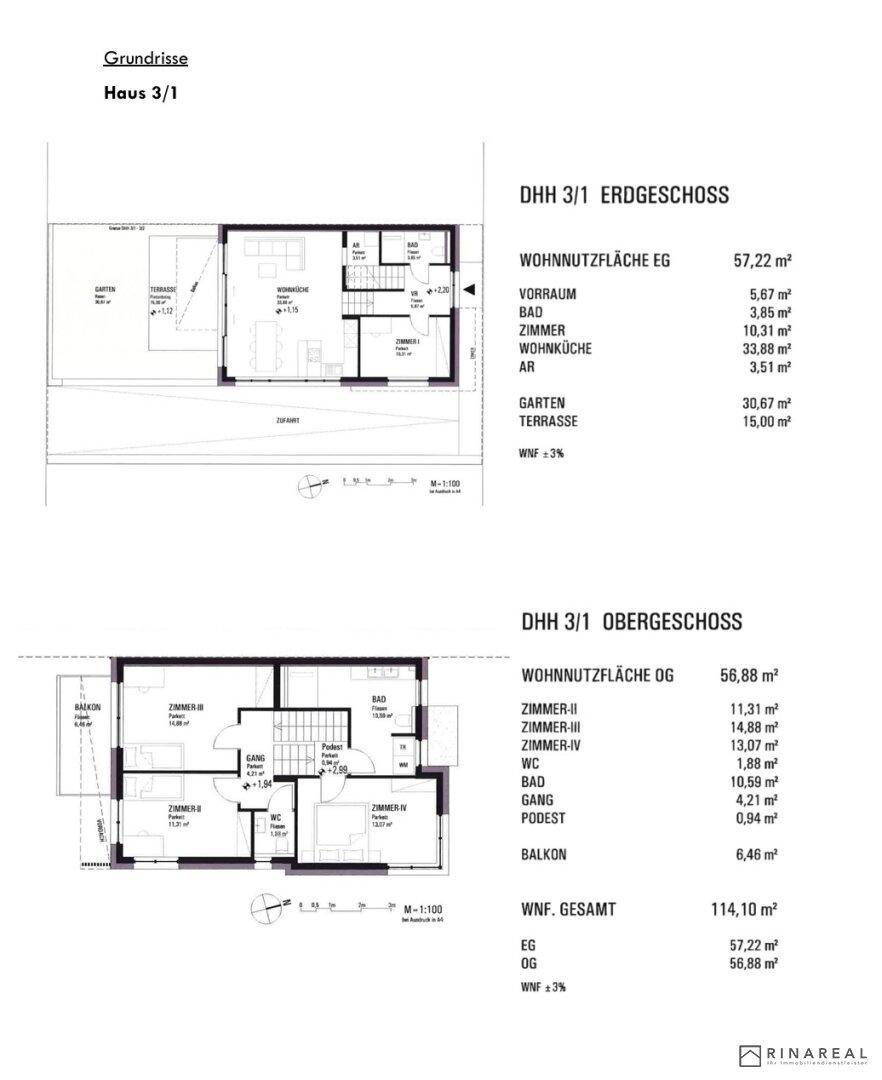 Grundrisse des Erdgeschosses und Obergeschosses von Haus 3/1 mit Garten, Terrasse und Balkon.