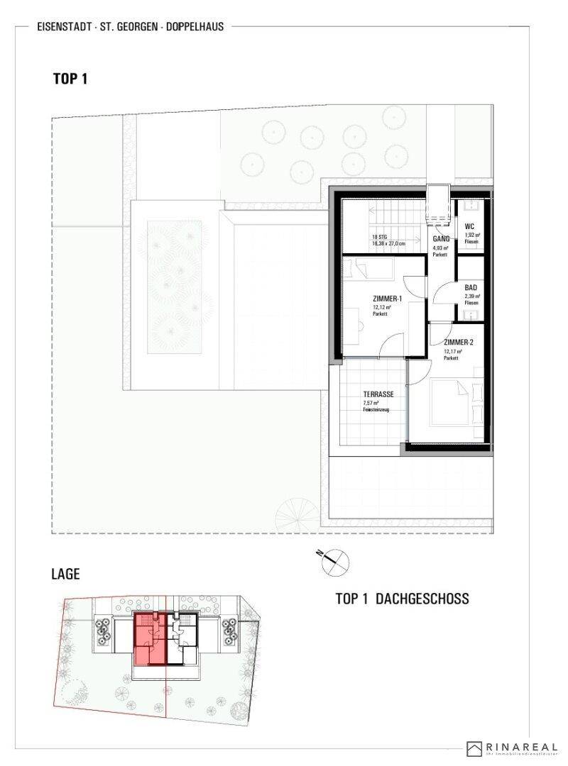 Grundriss des Dachgeschosses mit zwei Zimmern, Bad, WC und einer Dachterrasse.