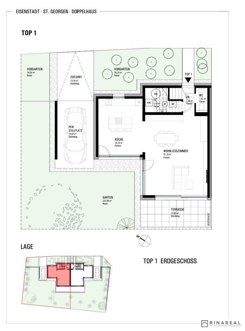 Grundriss des Erdgeschosses mit offener Küche, Wohn-Essbereich, Terrasse und Garten.