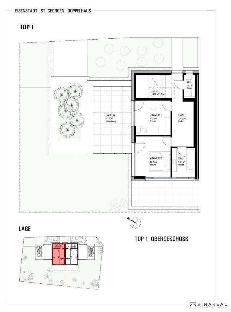 Grundriss des Obergeschosses mit zwei Schlafzimmern, Bad, WC und einem Balkon.