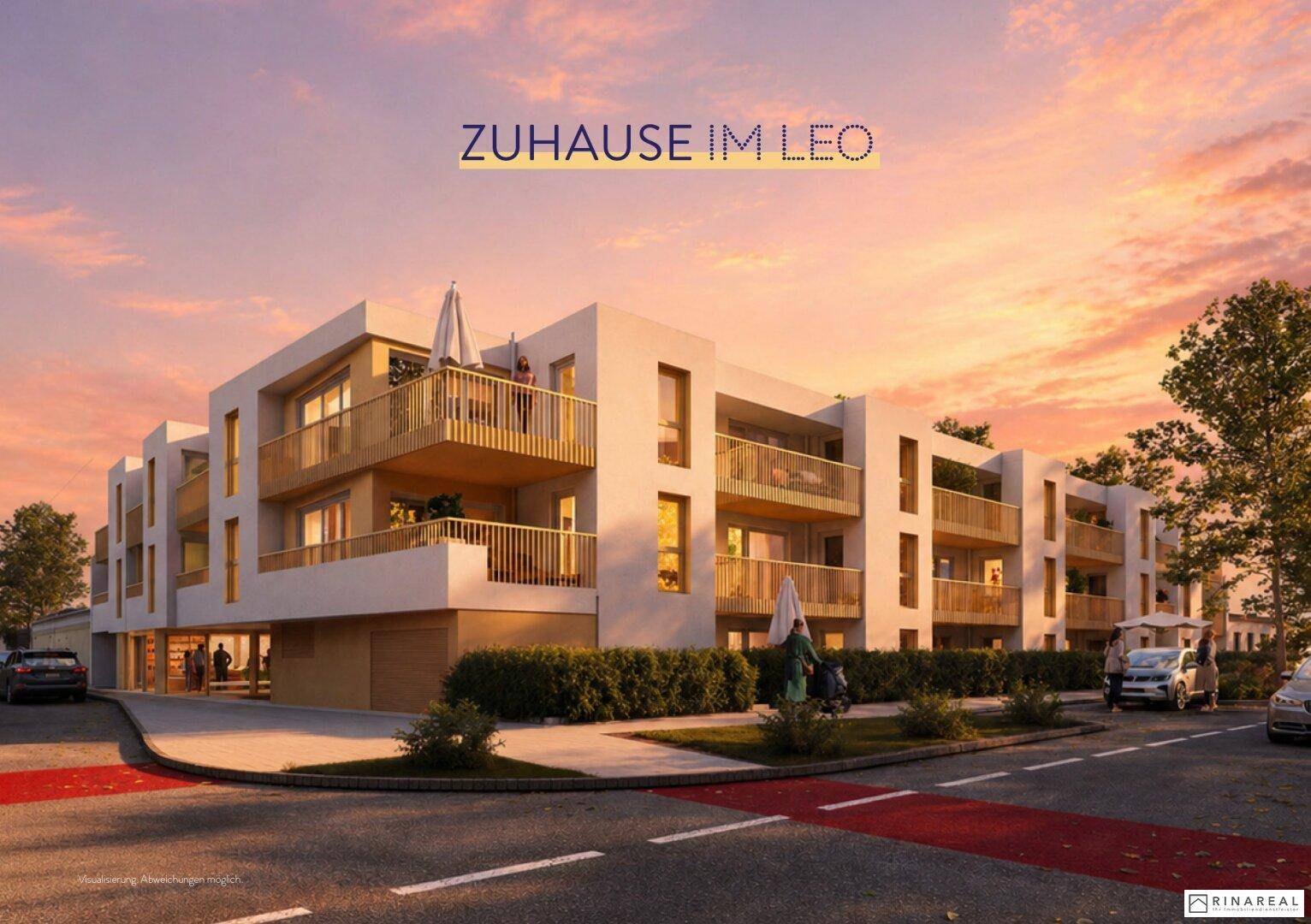 Architektonische Visualisierung des modernen Wohnkomplexes aus der Straßenperspektive bei Sonnenuntergang.