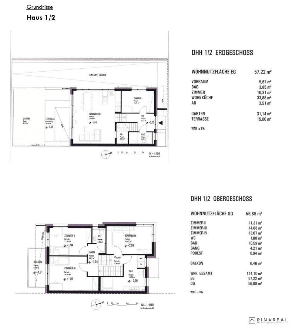 Grundriss für Erdgeschoss und Obergeschoss mit Flächenangaben und Raumaufteilung.