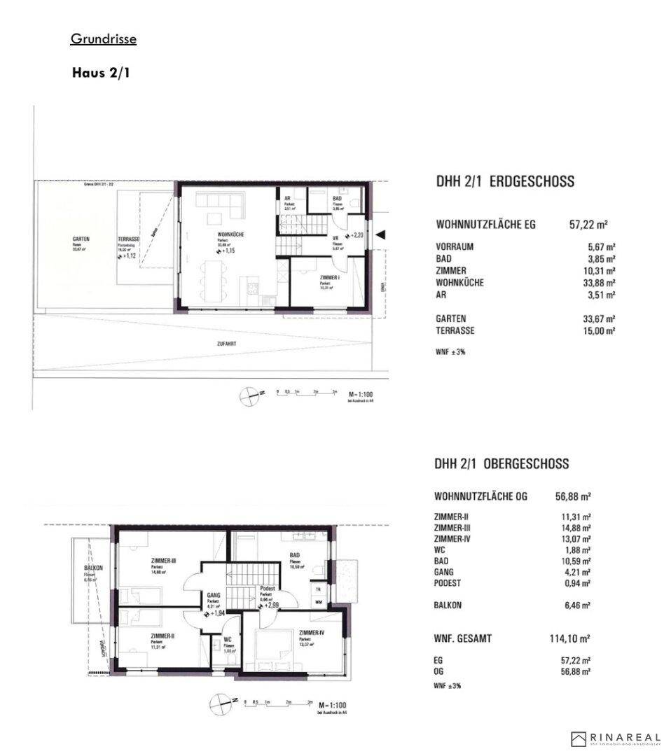 Grundriss für Haus 2/1 mit Erdgeschoss- und Obergeschossaufteilung und Flächenangaben.