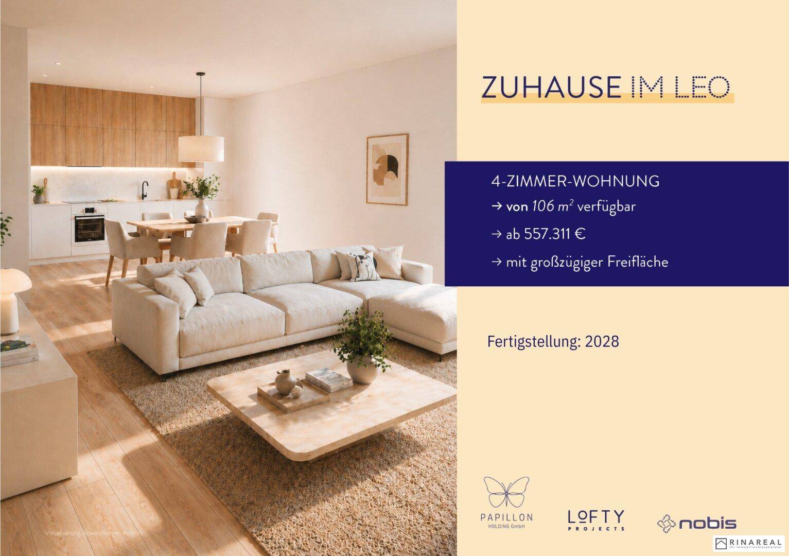 Heller, offener Wohn- und Essbereich mit moderner Küche und Holzboden in einem Neubau.