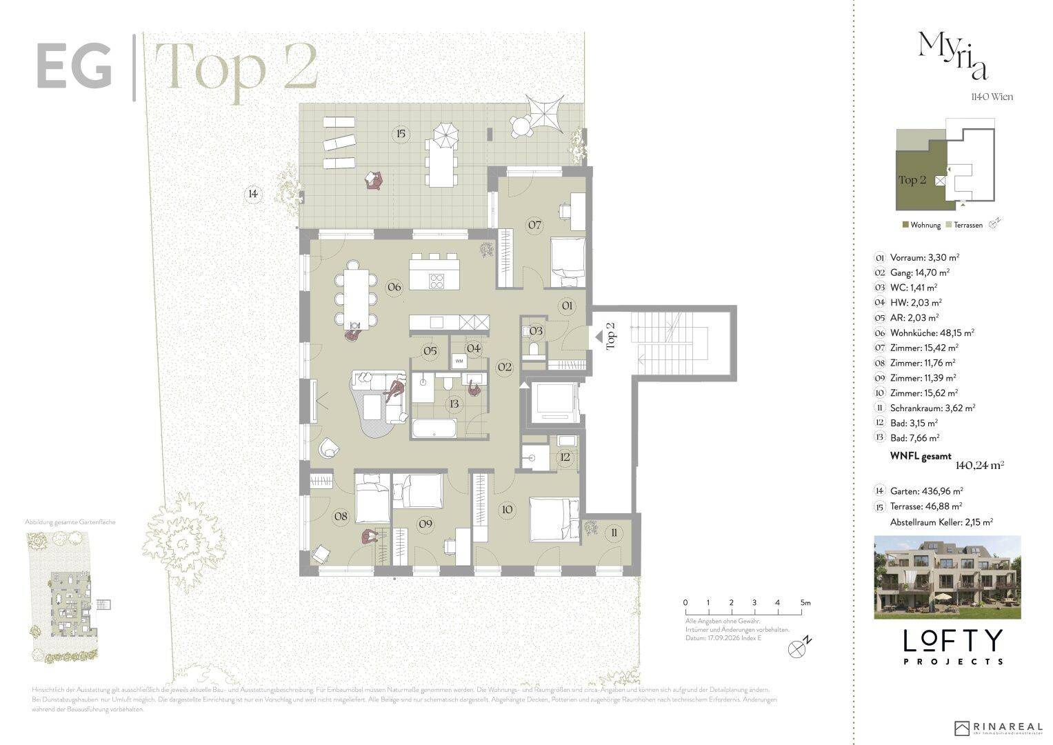 Grundriss der Erdgeschosswohnung Top 2 mit großer Terrasse und Gartenanteil.