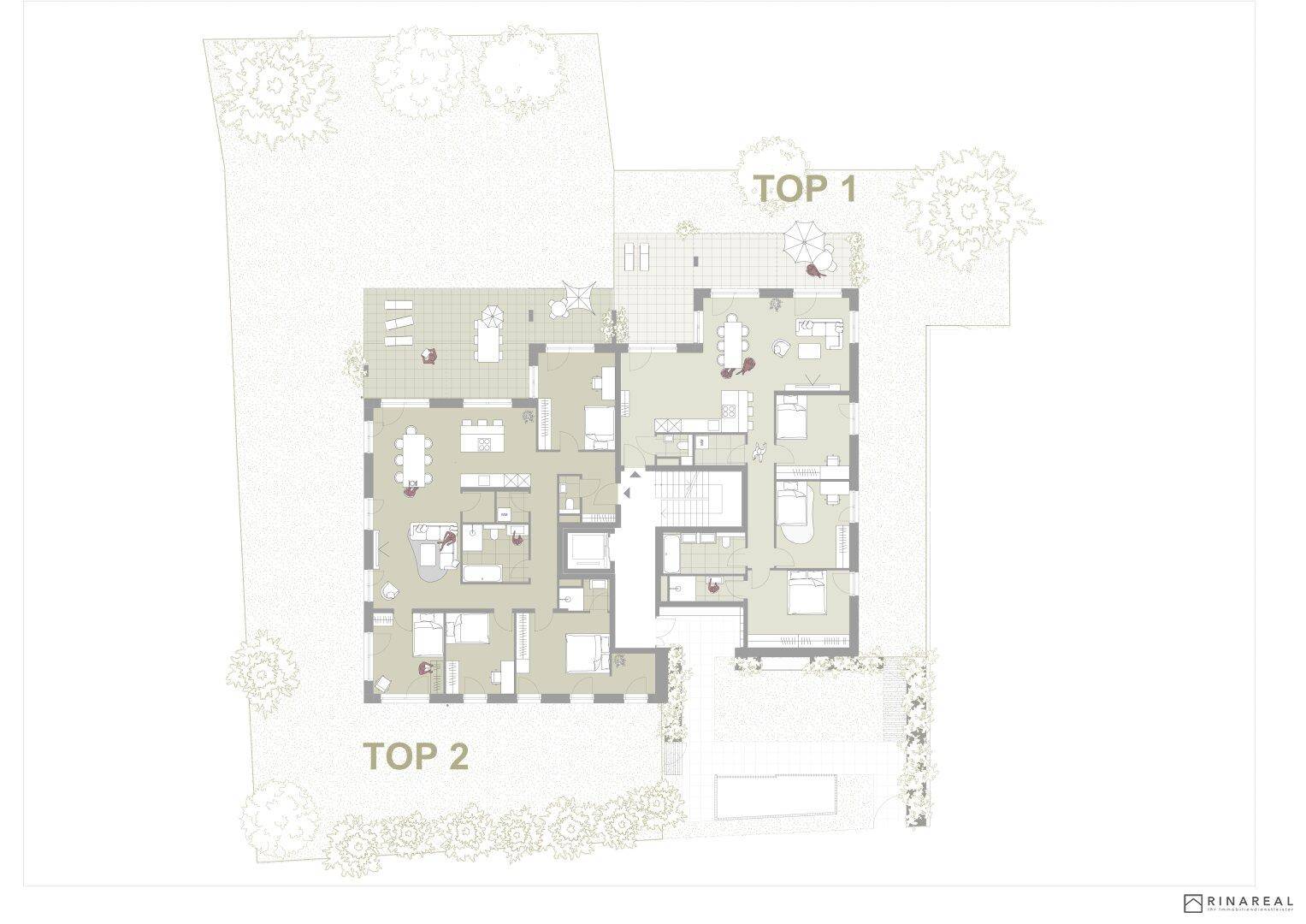 Übersichts-Grundriss der Wohneinheiten Top 1 und Top 2 mit zugehörigen Gartenflächen.