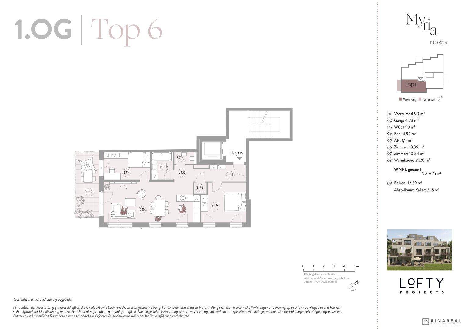 Grundriss der Wohnung Top 6 im 1. Obergeschoss mit offenem Wohnbereich und großem Balkon.