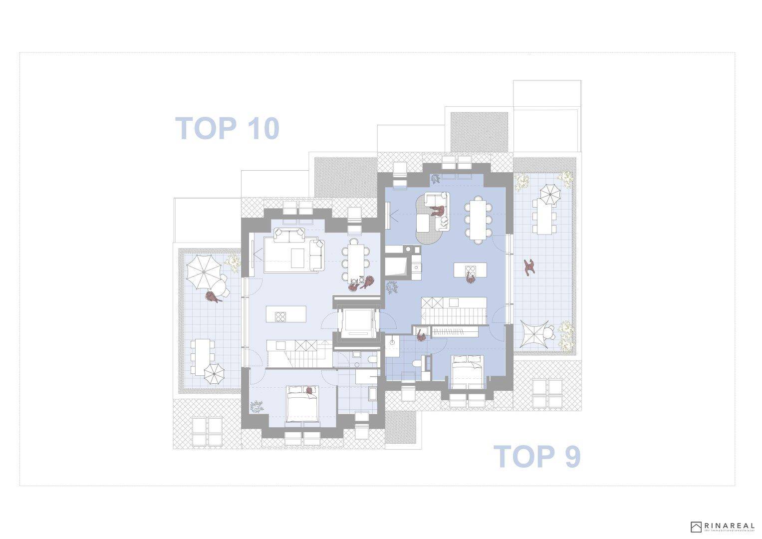 Grundriss der Wohnungen Top 9 und Top 10 mit großzügigen Terrassenbereichen.