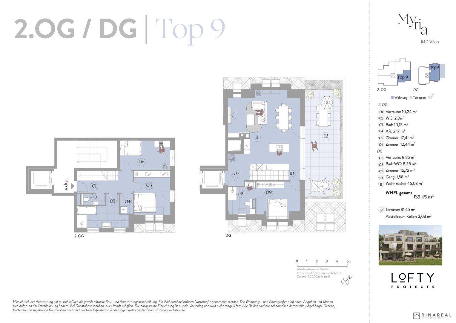 Grundriss der Maisonette-Wohnung Top 9 über zwei Etagen mit großer Dachterrasse.