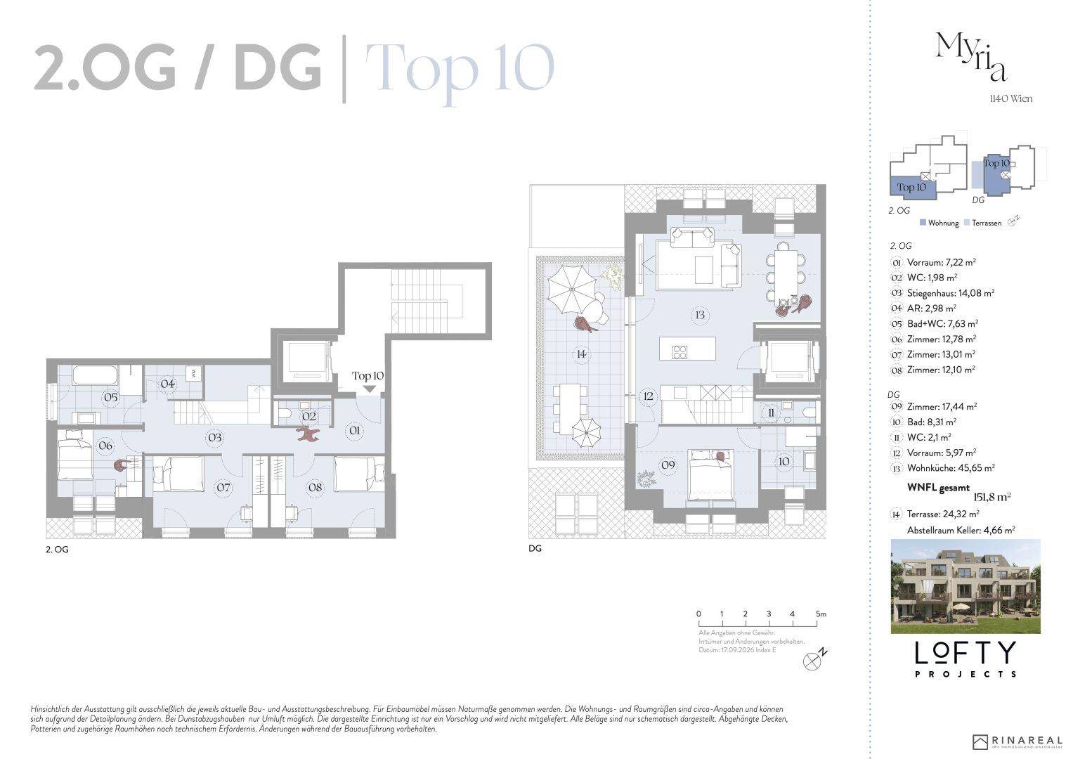 Detaillierter Grundriss für eine Maisonette-Wohnung mit zwei Ebenen und mehreren Terrassen.