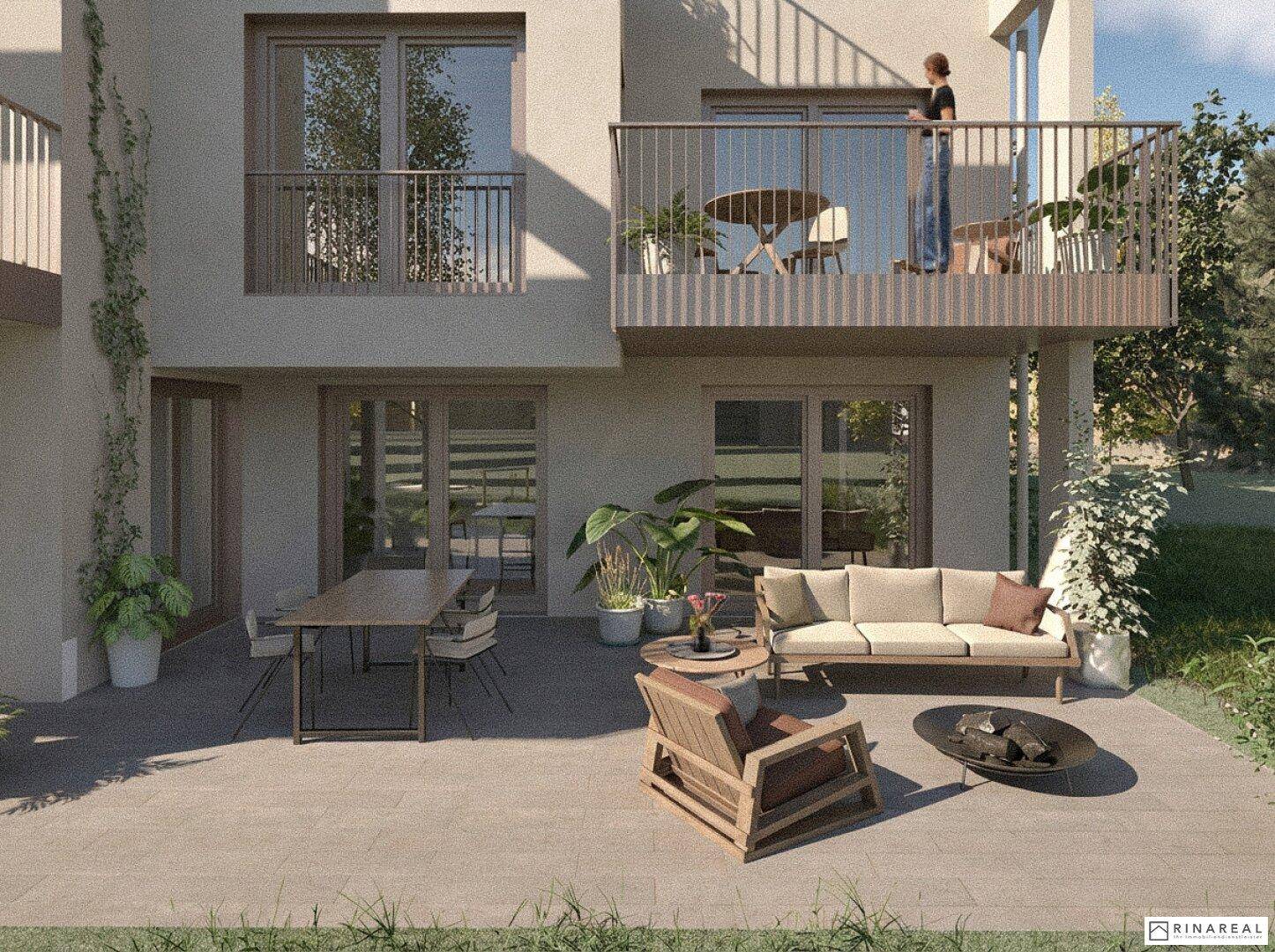 Geräumige Terrasse im Erdgeschoss mit gemütlichen Gartenmöbeln und einem Balkon darüber.