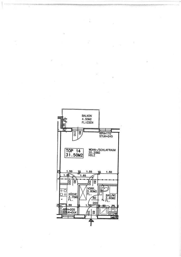 Grundriss einer Wohnung mit Balkon, Wohn-/Schlafbereich und Bad/WC.