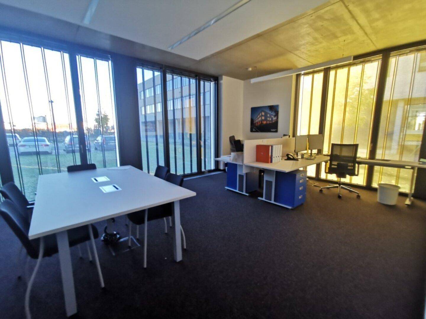 Geräumiger Büroraum mit Besprechungstisch, Arbeitsplätzen und großen Fenstern mit Lamellen.