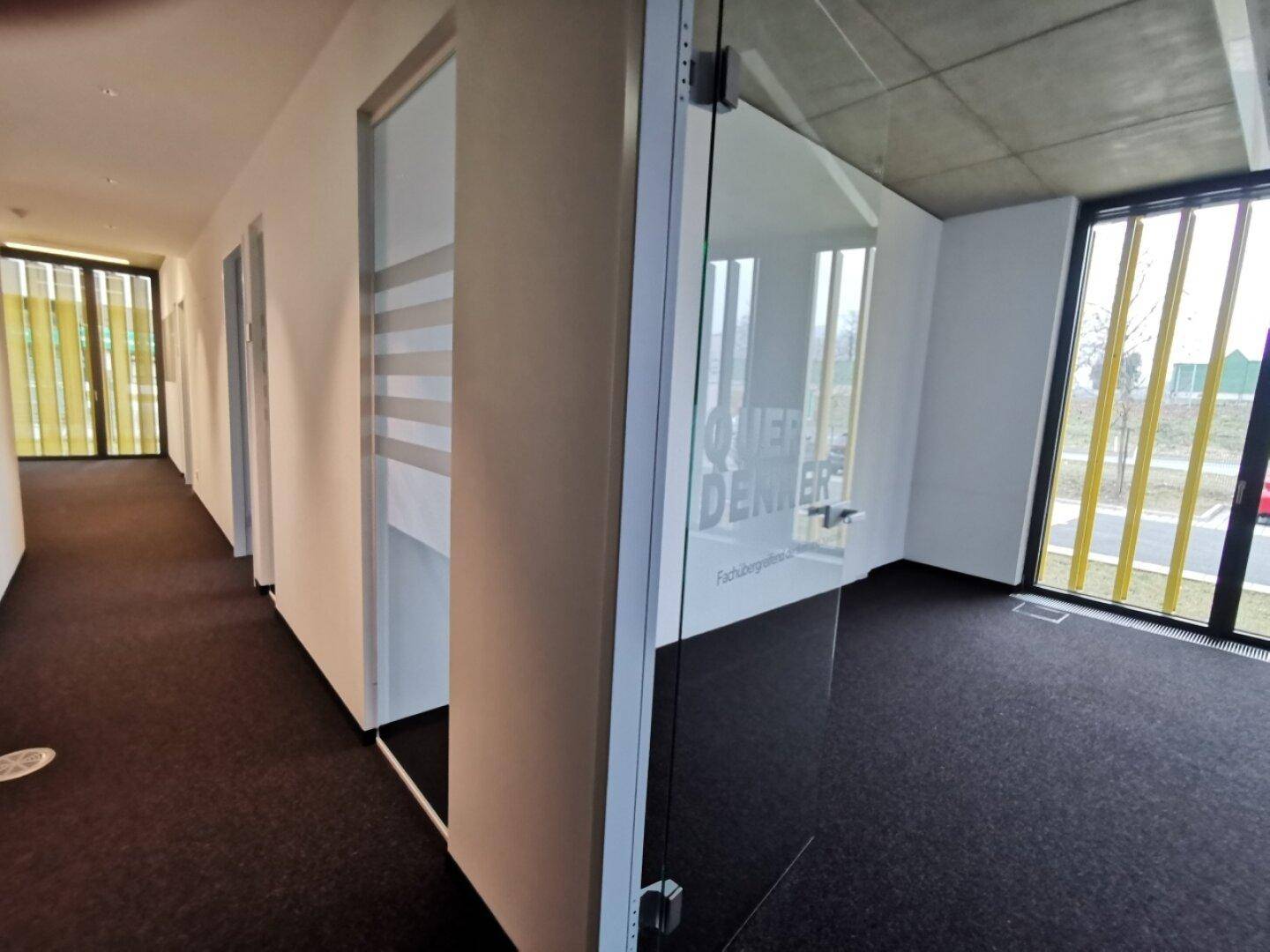 Moderner Flur mit Teppichboden, Glastüren zu Büros und Blick auf die Außenlamellen.