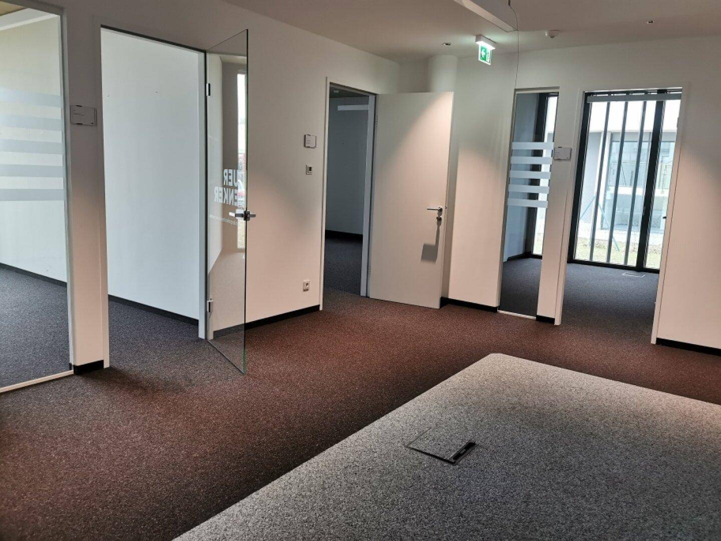 Offener Bürobereich mit Teppichboden, Glastüren zu weiteren Räumen und moderner Beleuchtung.