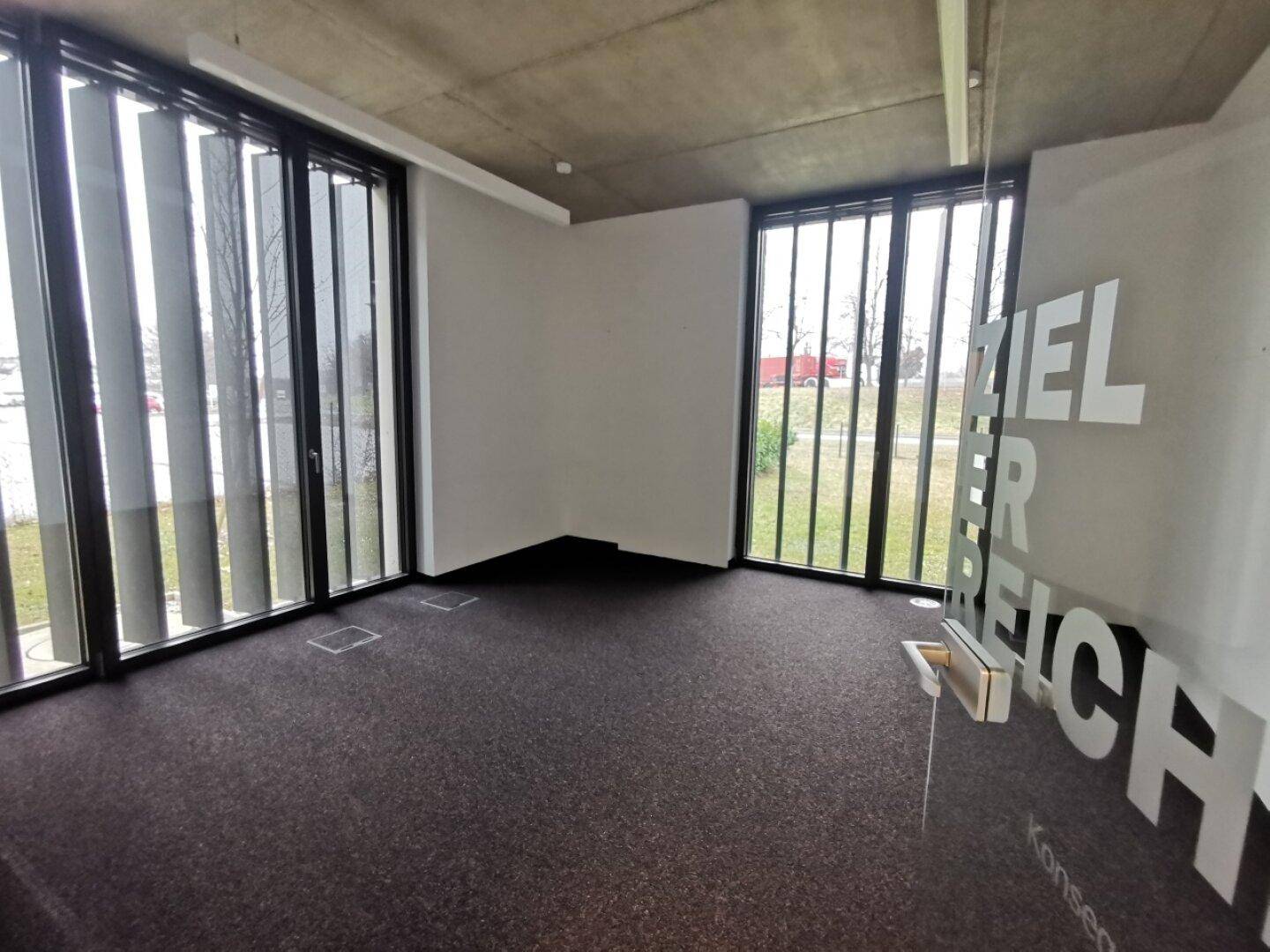 Leerer Büroraum mit Teppichboden, hohen Decken und großen Fenstern mit Blick nach draußen.