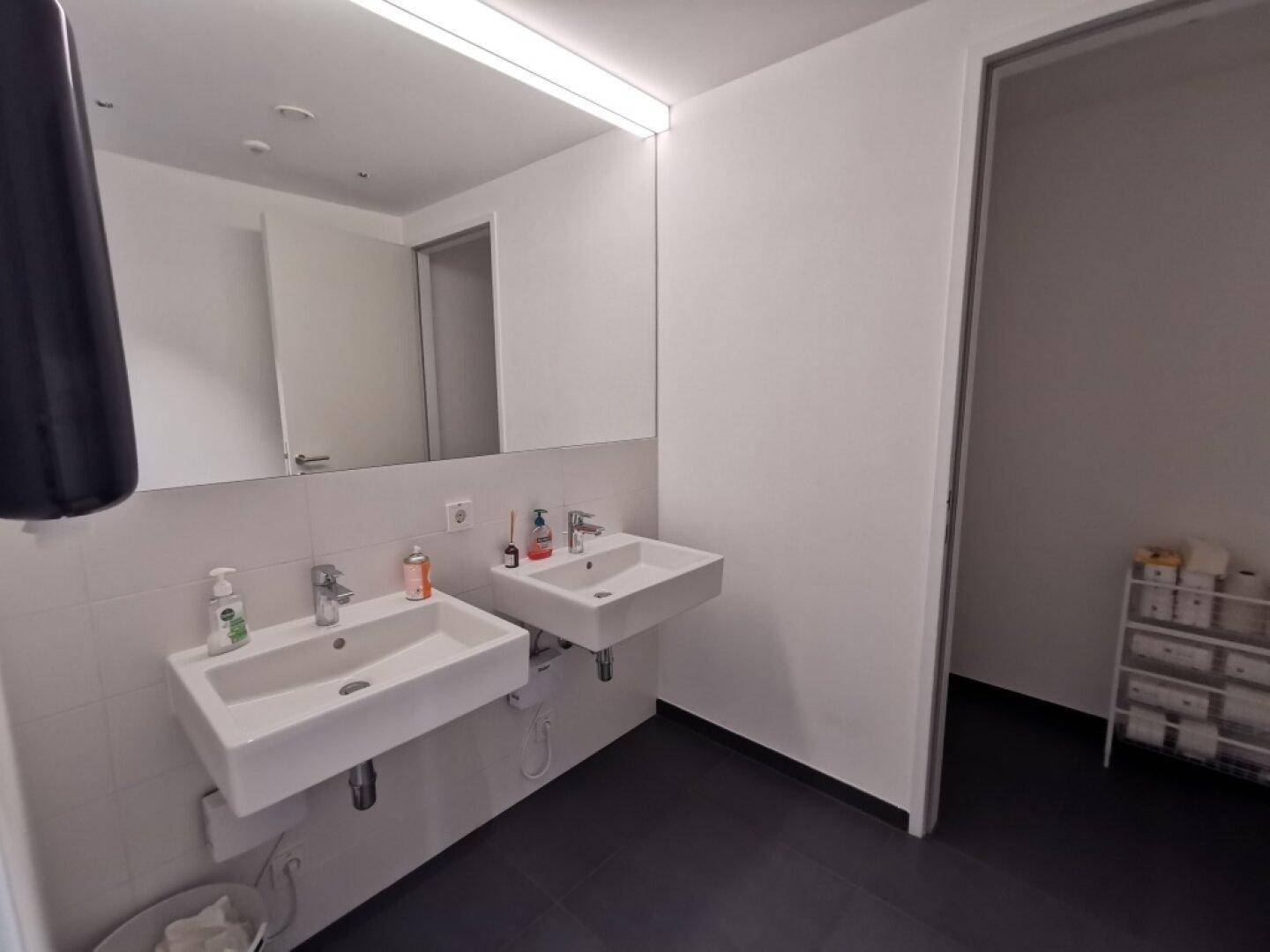 Modernes Badezimmer mit zwei Waschbecken, großem Spiegel und dunklen Fliesen auf dem Boden.