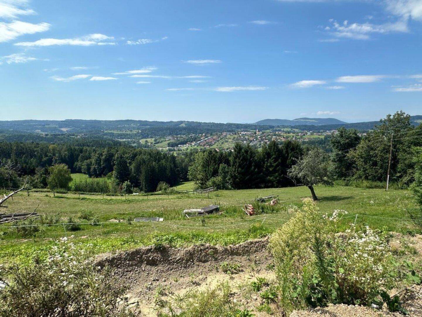 Sonnige grüne Landschaft mit weitem Blick über Felder und eine entfernte Ortschaft.