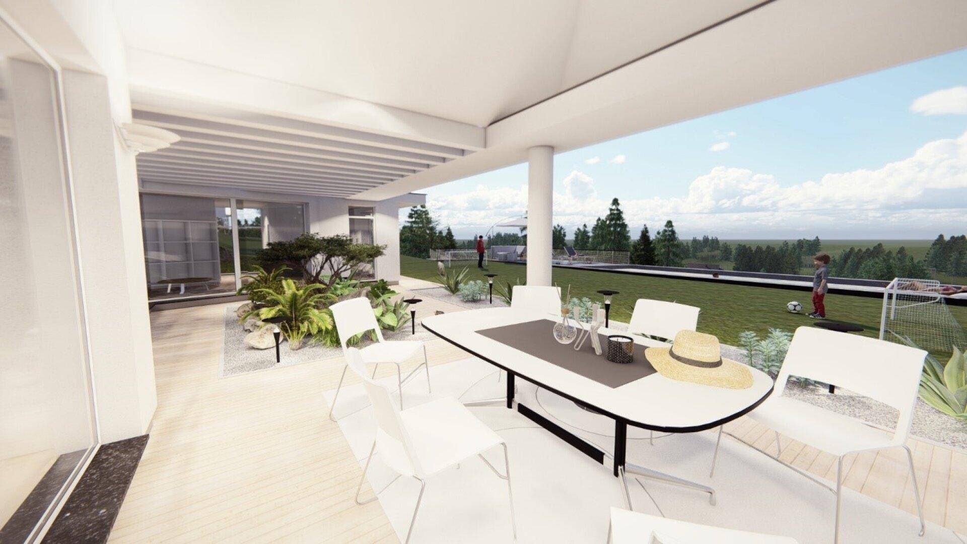 Überdachte Terrasse mit Esstisch, Gartenmöbeln und Blick auf den Poolbereich.