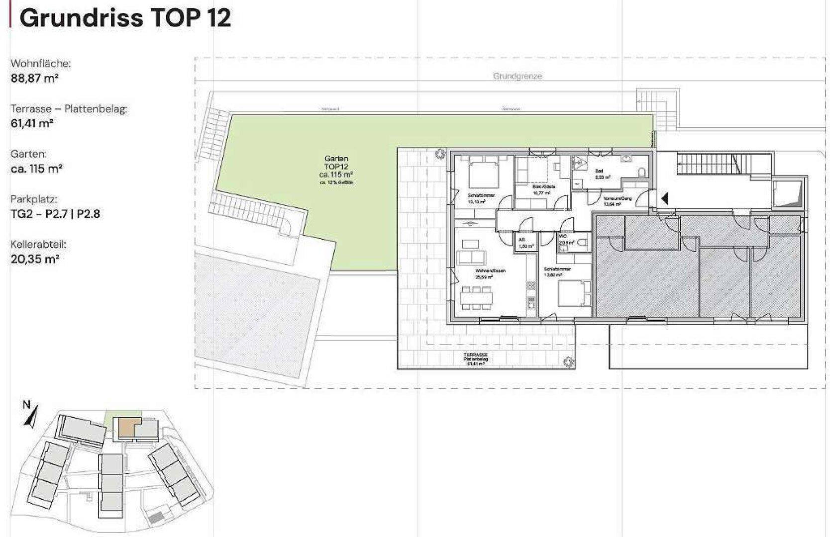 Grundriss TOP 12 mit Wohnfläche, Terrasse, Garten und Kellerabteil.