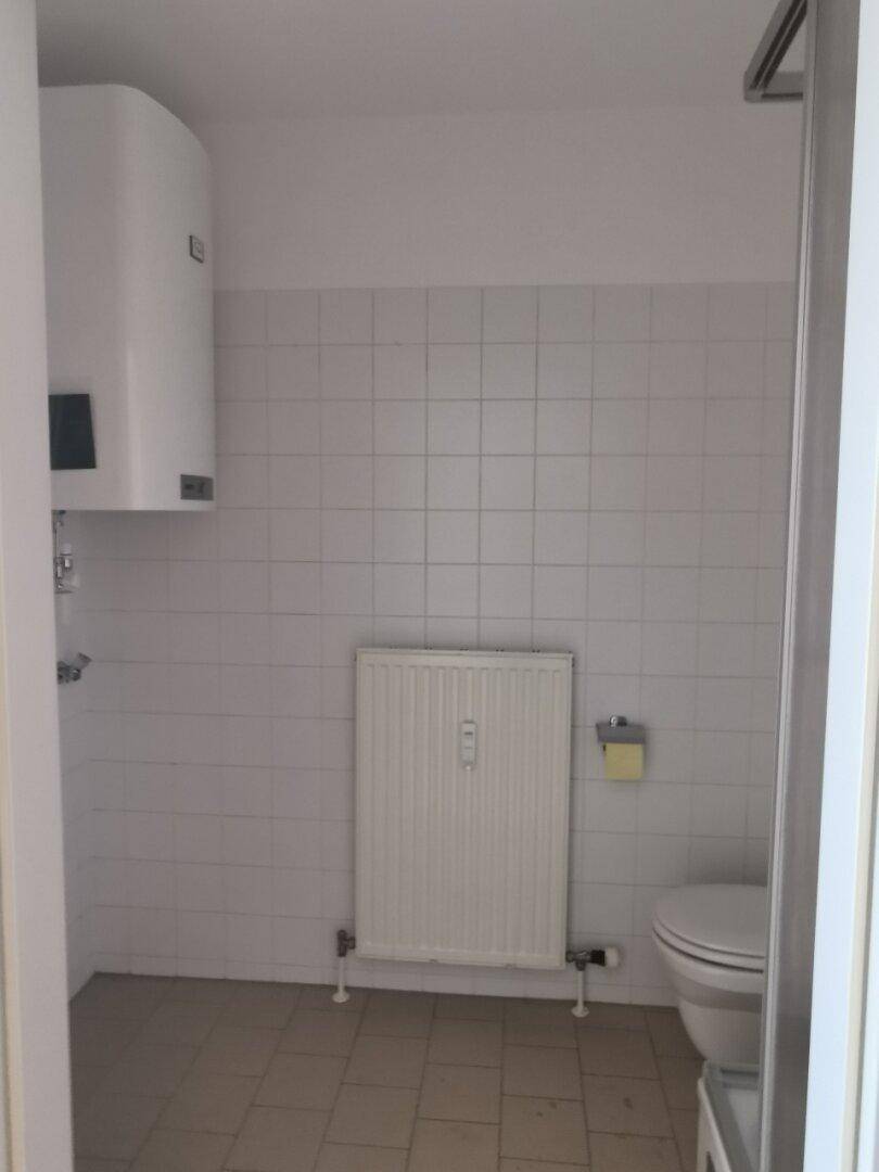 Gefliestes Badezimmer mit Toilette, Heizkörper und einem großen Warmwasserboiler.
