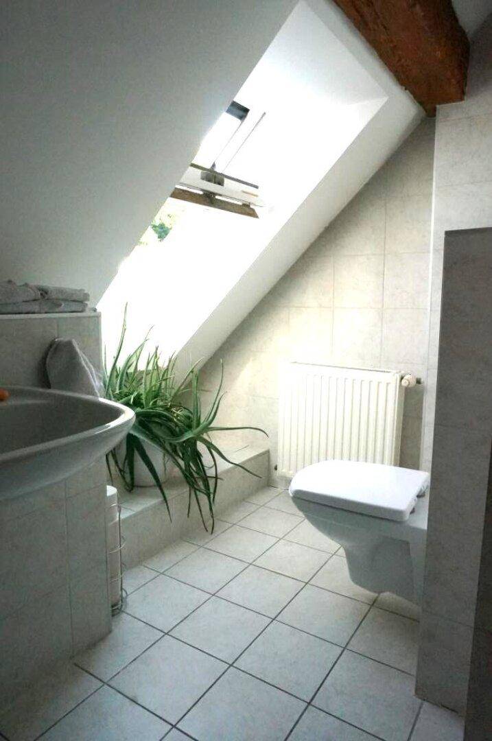 Helles Badezimmer mit weißen Fliesen, WC und Waschbecken, beleuchtet durch ein großes Dachfenster.