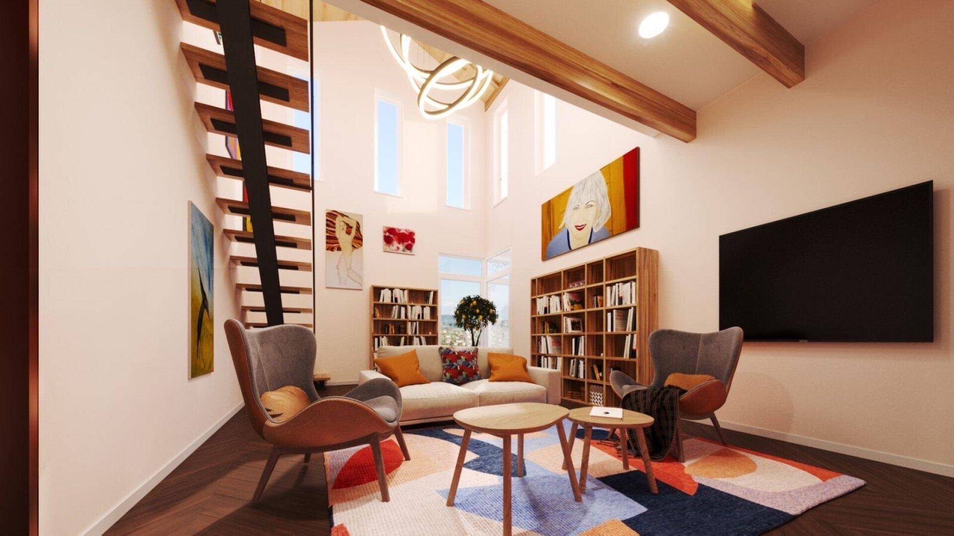 Gemütliches Wohnzimmer mit hohen Decken, Bücherregalen und großem Flachbildfernseher.