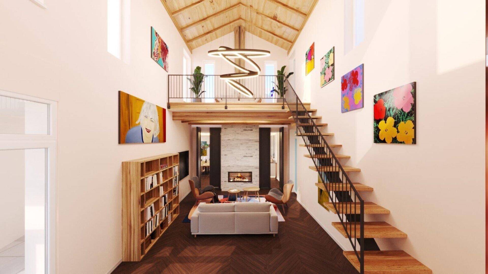 Großzügiges Wohnzimmer mit hohen Decken, Galerie, Holztreppe und modernem Kamin.