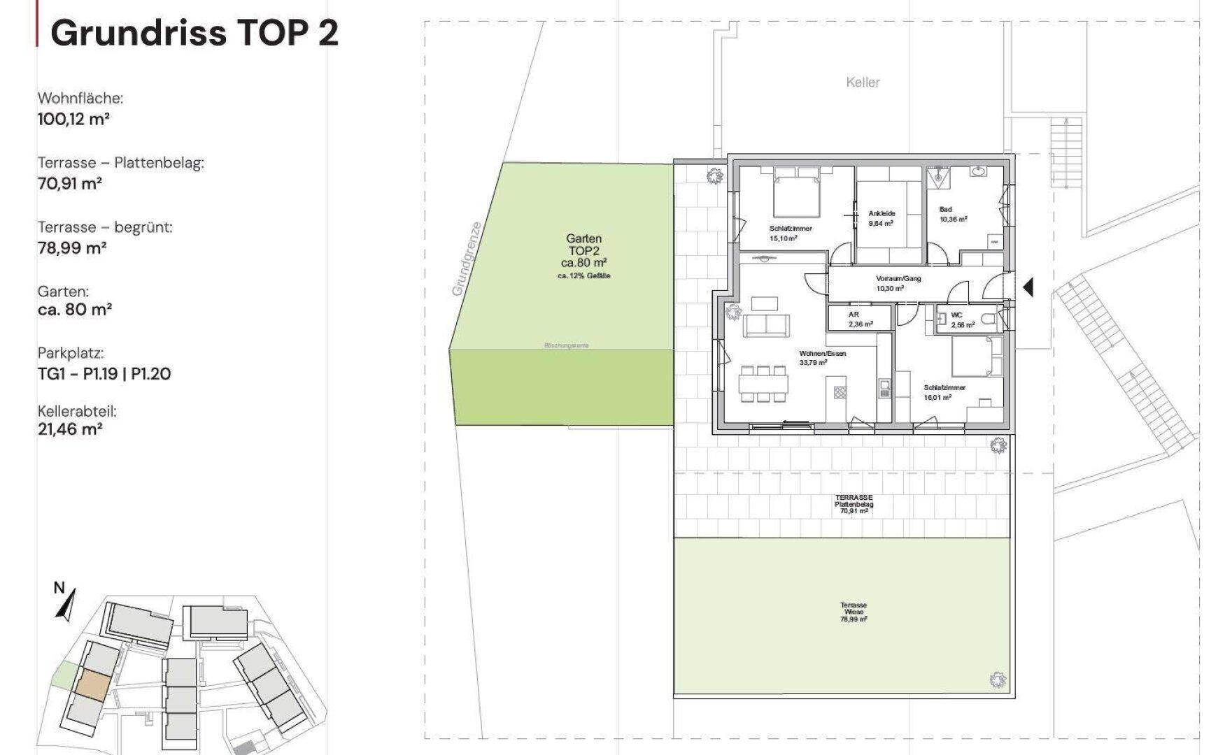 Grundriss TOP 2 mit 100,12 m² Wohnfläche, Terrasse und Gartenbereich.