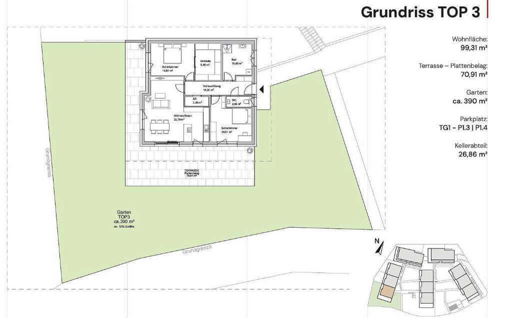 Grundriss TOP 3 mit Wohnfläche von 99,31 m², Terrasse und Gartenanteil.