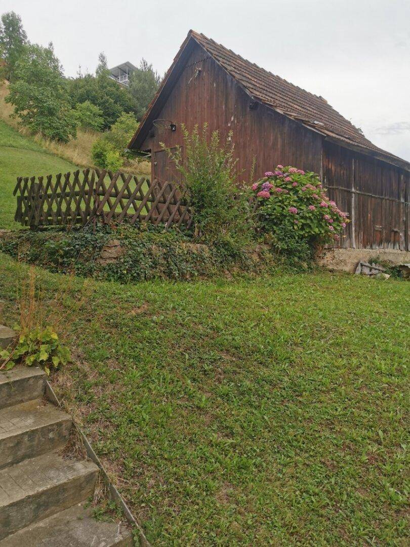 Rustikale Holzscheune auf einem grünen Hügel mit einer kleinen Treppe und blühenden Büschen.