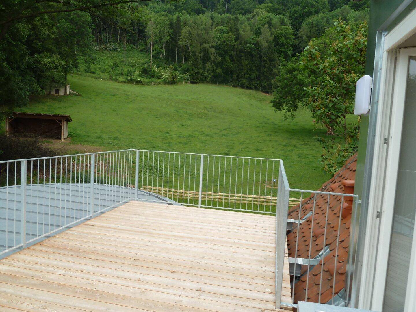 Große Holzterrasse mit Metallgeländer und weitem Blick auf grüne Hügel und Wälder.