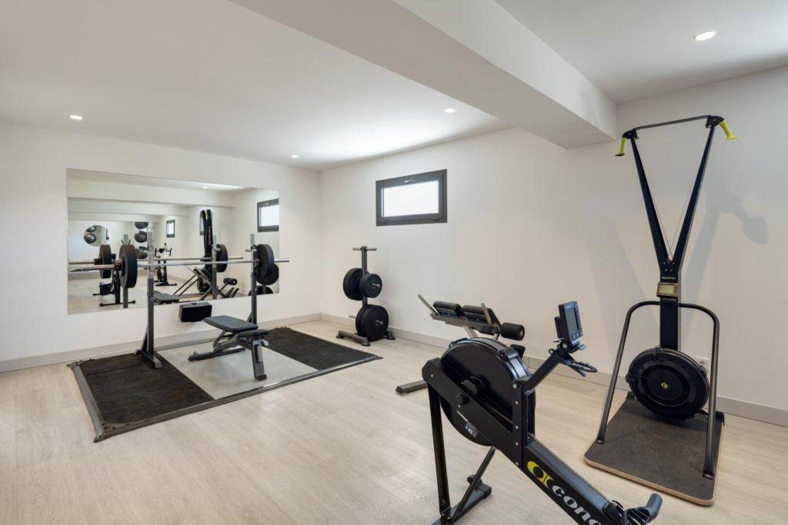 Gut ausgestatteter Fitnessraum mit Hantelbänken, Rudergerät und weiteren Trainingsgeräten.