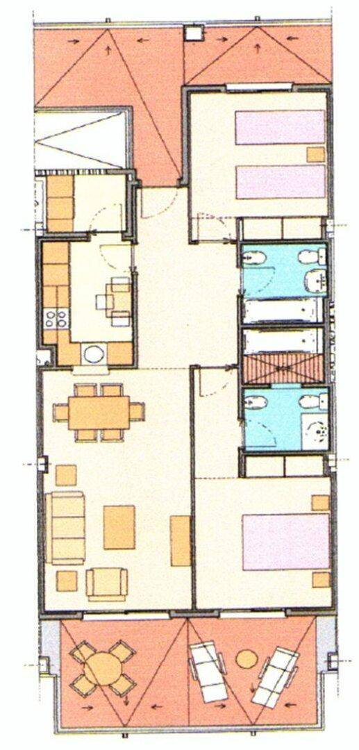 Grundriss einer Wohnung mit offenem Wohnbereich, mehreren Schlafzimmern und Zugang zu Balkon und Terrasse.