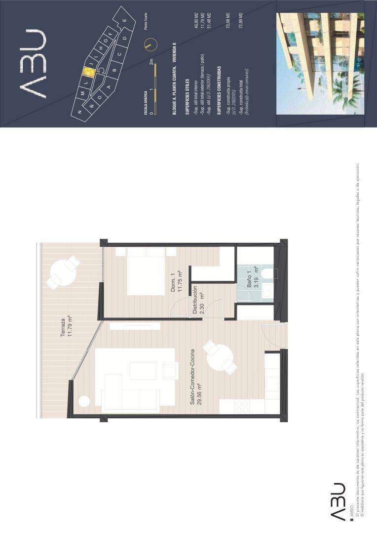 Grundriss einer Wohnung mit Terrasse, Schlafzimmer, Bad und offenem Wohn-Ess-Küchenbereich.