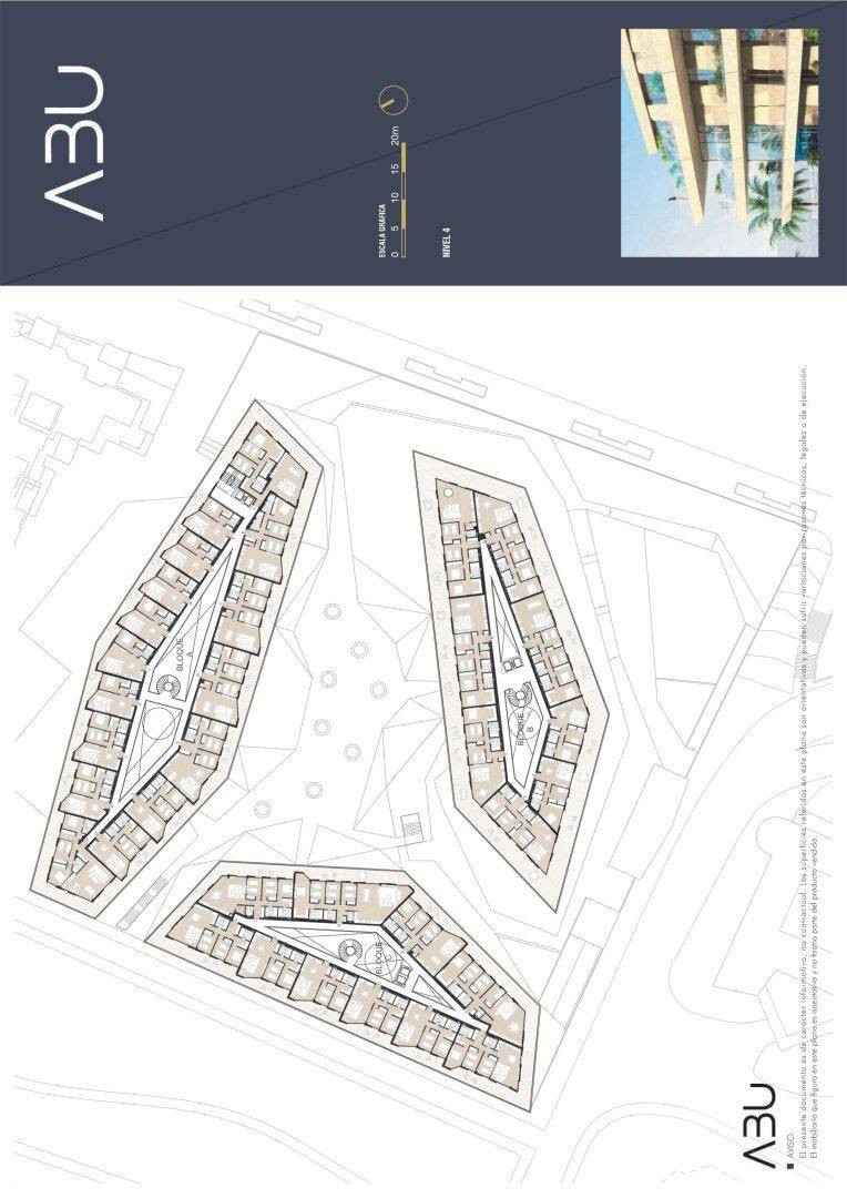 Gesamtgrundriss mehrerer Gebäudeblöcke, der die Anordnung der Wohnungen innerhalb jedes Blocks darstellt.